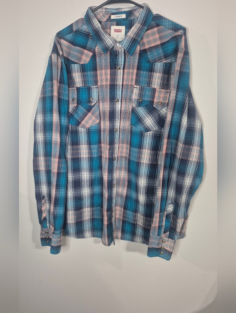 Levi's Men's Teal and Pink Plaid Snap Button-Down Shirt Size XXL